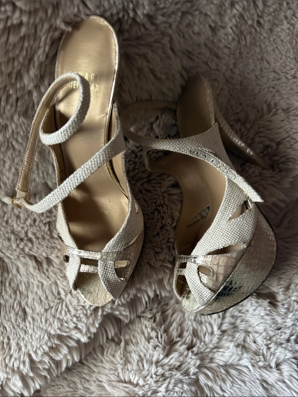 Stuart Weitzman Beige Woven Peep-Toe Platform Sandals